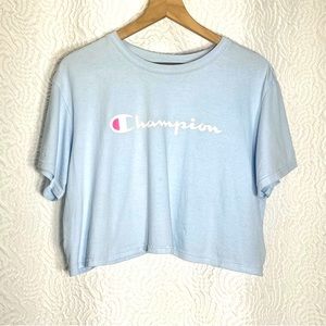 CHAMPION Baby Blue Logo Print Cropped Tee